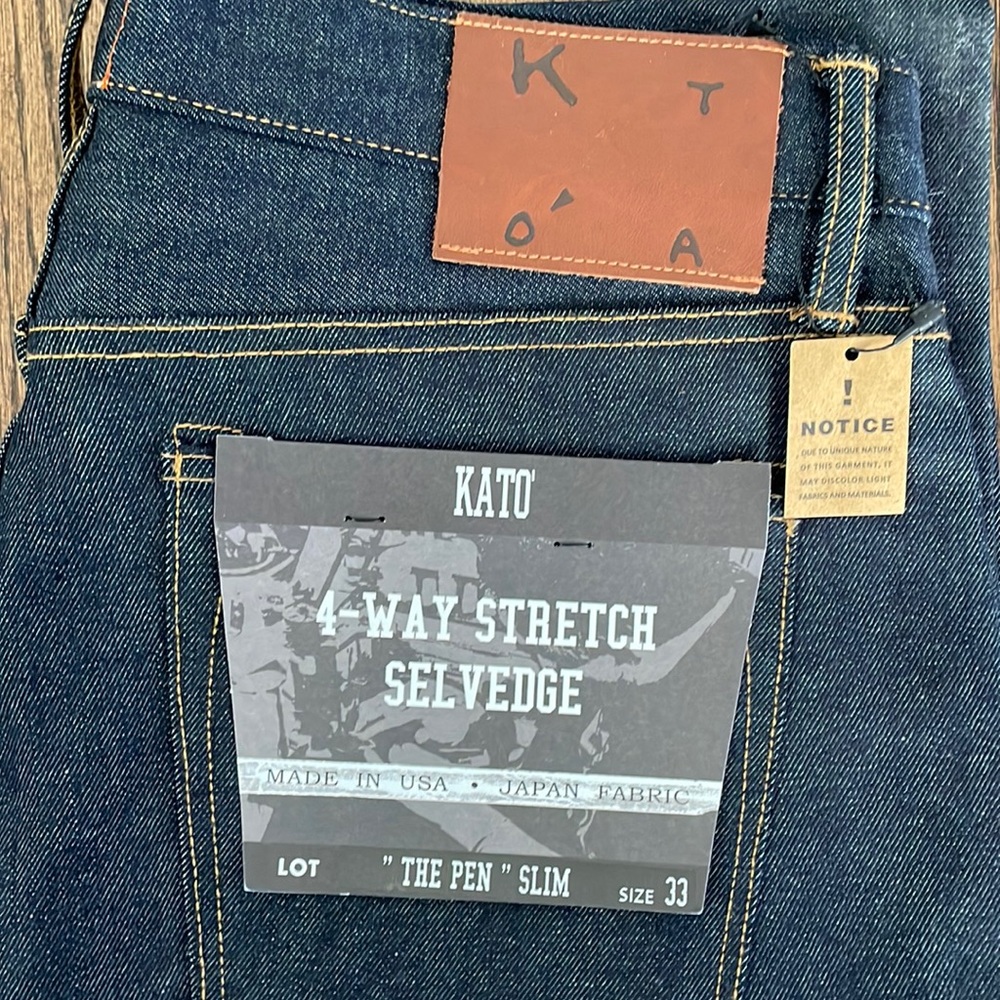 Kato “The Pen” Slim 4-way stretch Japanese raw selvedge. NWT. 33.5” inseam